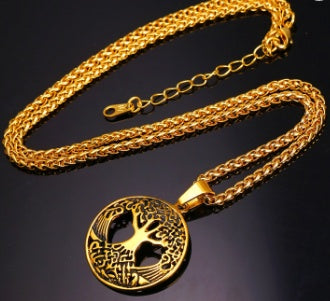 gold plated pendant with 316L stainless steel wheat chain women men statement necklace tree of life jewelry