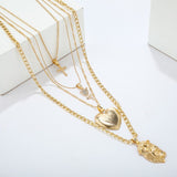 Multi-layer Heart Cross PendantGold Chain Rose Crystal Stone Men Head Women Jewelry