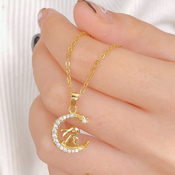 Golden Moon Rabbit Titanium Steel Clavicle Necklace