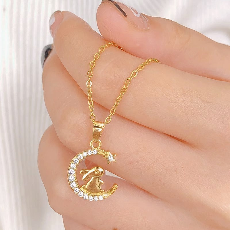 Golden Moon Rabbit Titanium Steel Clavicle Necklace