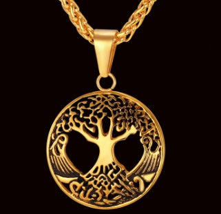 gold plated pendant with 316L stainless steel wheat chain women men statement necklace tree of life jewelry