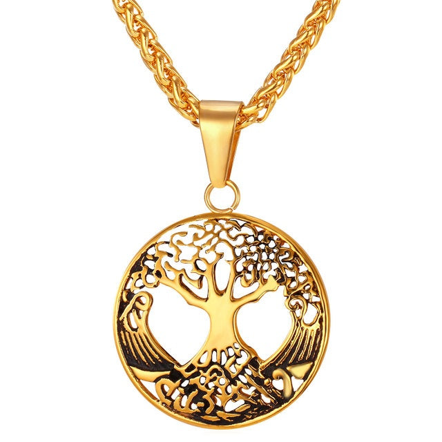 gold plated pendant with 316L stainless steel wheat chain women men statement necklace tree of life jewelry