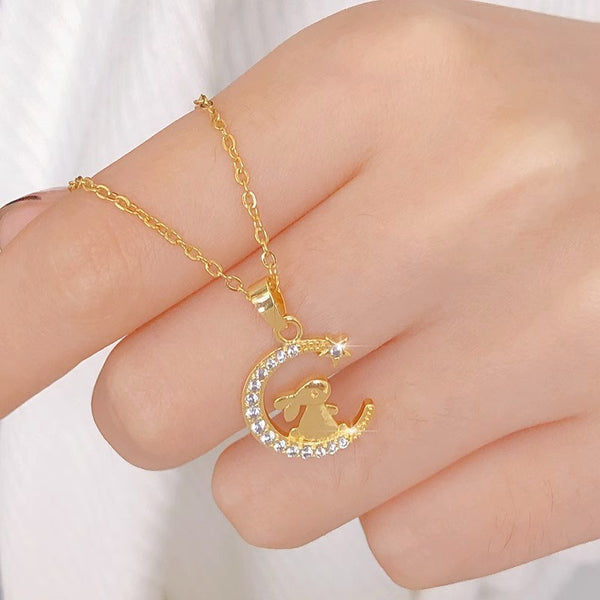 Golden Moon Rabbit Titanium Steel Clavicle Necklace