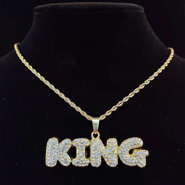 Men Women Hip Hop KING QUEEN Letter Pendant Necklace