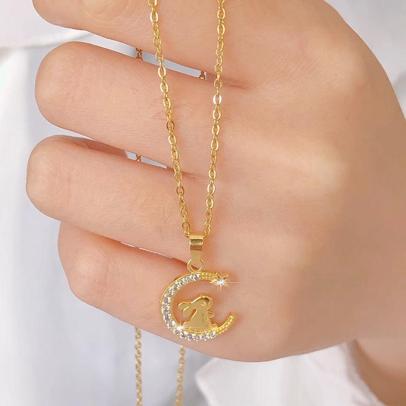 Golden Moon Rabbit Titanium Steel Clavicle Necklace